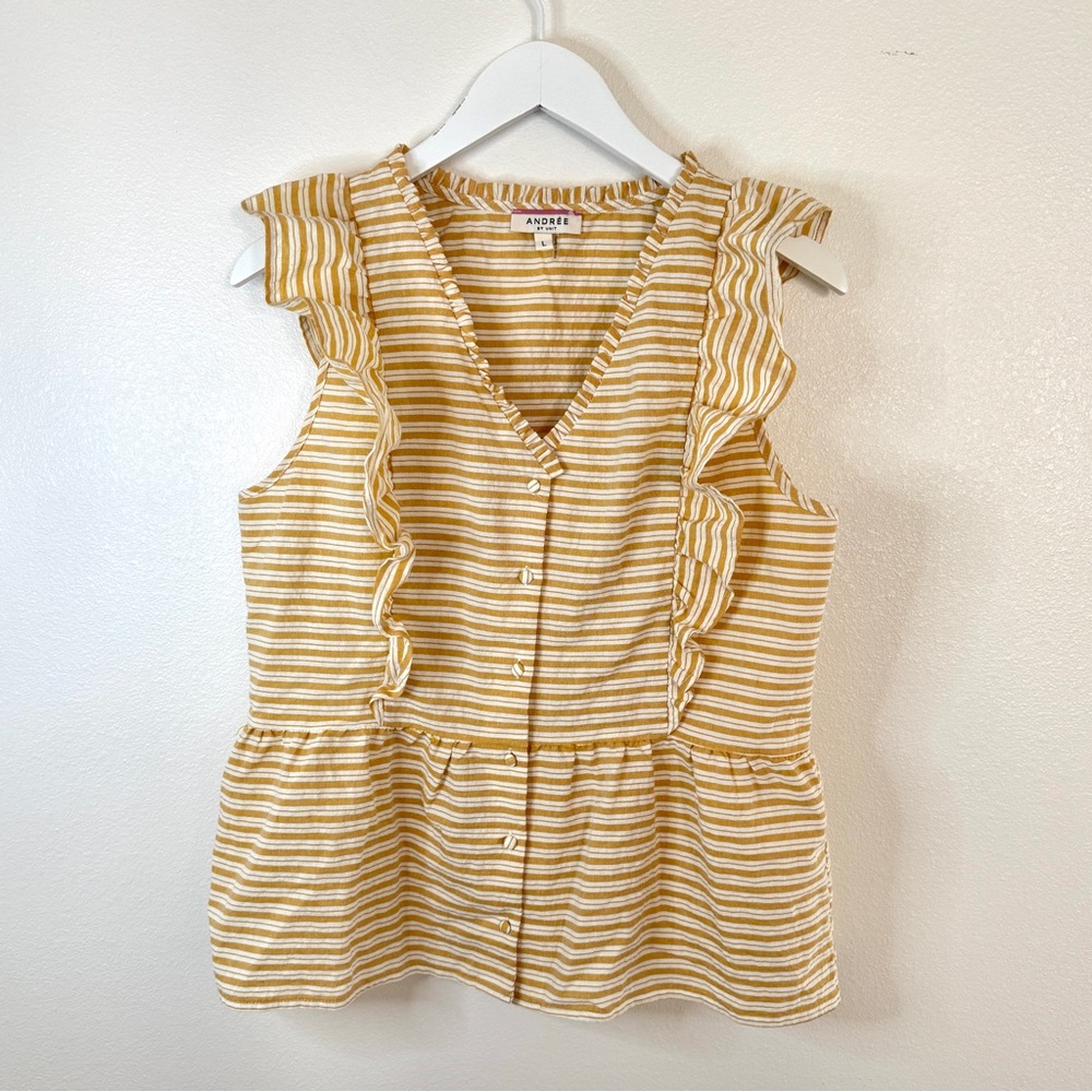 Size Large Yellow & White Striped Ruffle Dressy Short Sleeve Easter Blouse
